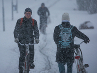 A man is riding his bike on a road during a snowfall in Linkoping, Sweden, on April 2, 2024. (