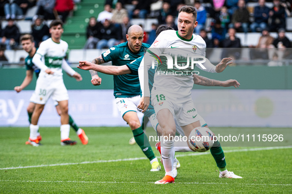 Borja Garces of Elche CF is attacking during the LaLiga Hypermotion match between Racing de Ferrol and Elche CF in Ferrol, Spain, on March 3...