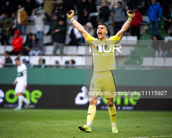 Ander Cantero of Racing de Ferrol is celebrating after a win in the LaLiga Hypermotion match between Racing de Ferrol and Elche CF in Ferrol...