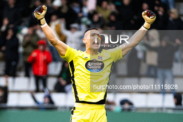 Ander Cantero of Racing de Ferrol is celebrating after a win in the LaLiga Hypermotion match between Racing de Ferrol and Elche CF in Ferrol...