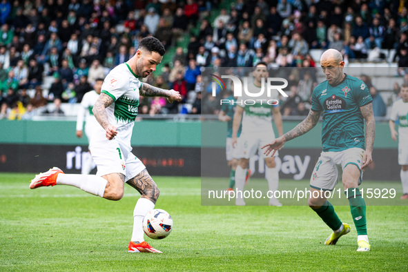 Tete Morente of Elche CF is attempting a kick during the LaLiga Hypermotion match between Racing de Ferrol and Elche CF in Ferrol, Spain, on...