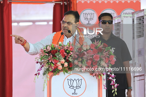 Rajasthan Chief Minister Bhajan Lal Sharma is addressing a public meeting ahead of the Lok Sabha election in Kotputali, Jaipur, Rajasthan, I...