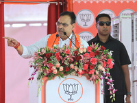 Rajasthan Chief Minister Bhajan Lal Sharma is addressing a public meeting ahead of the Lok Sabha election in Kotputali, Jaipur, Rajasthan, I...