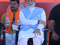 Prime Minister Narendra Modi is speaking at a public meeting ahead of the Lok Sabha election in Kotputali, Jaipur, Rajasthan, India, on Apri...