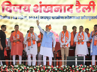 Prime Minister Narendra Modi is with Rajasthan Chief Minister Bhajan Lal Sharma at a public meeting in support of BJP Jaipur Rural candidate...