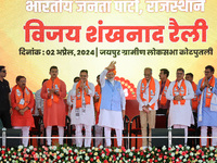 Prime Minister Narendra Modi is with Rajasthan Chief Minister Bhajan Lal Sharma at a public meeting in support of BJP Jaipur Rural candidate...