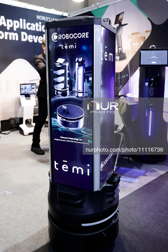 A multi-screen robot is being displayed on a Temi Platform, a robotic platform for custom solutions designed by the Chinese company Temi, wh...