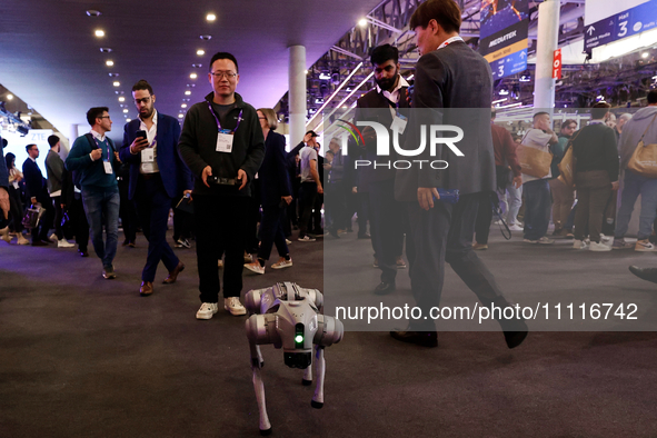 The Unitree Go2, a dog-inspired quadruped robot designed by the Chinese robotics company, is being showcased at the Mobile World Congress 20...