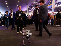 The Unitree Go2, a dog-inspired quadruped robot designed by the Chinese robotics company, is being showcased at the Mobile World Congress 20...