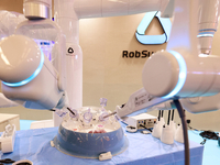 A surgical robot from RobSurgical, a Spanish company specializing in robotics solutions for the medical field, is being remotely operated as...