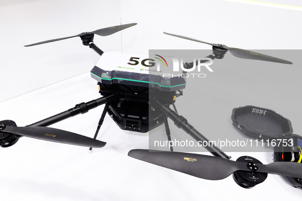 A 5G drone, owned by Accuser and CLROBUR, is on display at the Mobile World Congress 2024 in Barcelona, Spain, on April 3, 2024. 