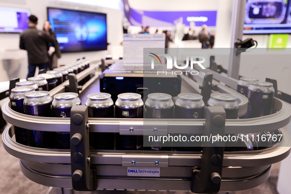 Dell and Nvidia-powered quality control technology is monitoring a conveyor belt at Dell's pavilion during the Mobile World Congress 2024 in...