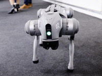 The Unitree Go2, a dog-inspired quadruped robot designed by the Chinese robotics company, is being showcased at the Mobile World Congress 20...