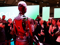 Ameca, the world's most advanced intelligent humanoid robot, which was created by the British company Engineering Arts and is endowed with r...