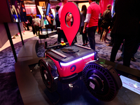 The Capra Circus, an outdoor logistics robot from Danish company Capra Robotics, is on display at Etisalat's pavilion at the Mobile World Co...