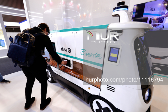 The Rhea Barista on Demand, the first autonomous mobile coffee station created by the Italian company Rhea Vendors, is serving coffee at the...