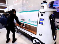 The Rhea Barista on Demand, the first autonomous mobile coffee station created by the Italian company Rhea Vendors, is serving coffee at the...