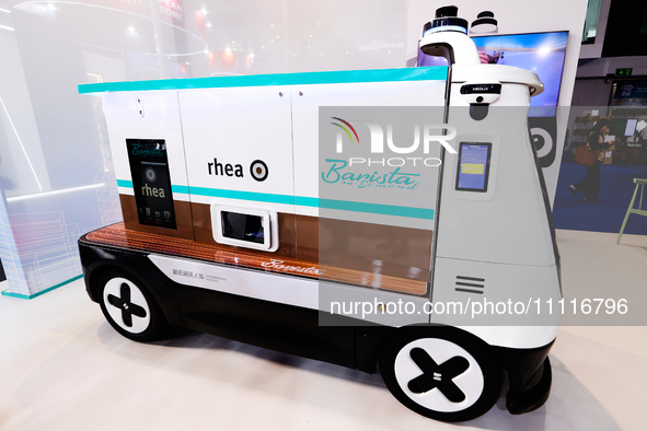 The Rhea Barista on Demand, the first autonomous mobile coffee station created by the Italian company Rhea Vendors, is serving coffee at the...