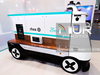 The Rhea Barista on Demand, the first autonomous mobile coffee station created by the Italian company Rhea Vendors, is serving coffee at the...