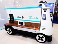 The Rhea Barista on Demand, the first autonomous mobile coffee station created by the Italian company Rhea Vendors, is serving coffee at the...