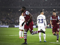 Kurt Zouma of West Ham United is celebrating his goal during the Premier League match between West Ham United and Tottenham Hotspur at the L...