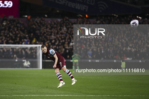 James Ward-Prowse is taking a free kick during the Premier League match between West Ham United and Tottenham Hotspur at the London Stadium...