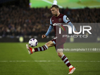Jarrod Bowen of West Ham United is controlling the ball during the Premier League match between West Ham United and Tottenham Hotspur at the...