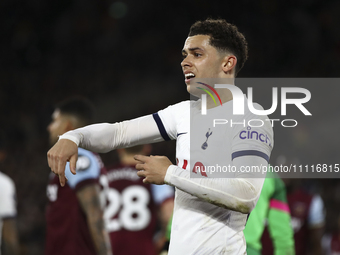Brennan Johnson of Tottenham Hotspur is playing during the Premier League match between West Ham United and Tottenham Hotspur at the London...