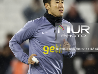 Son Heung-min of Tottenham Hotspur is warming up during the Premier League match between West Ham United and Tottenham Hotspur at the London...