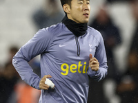Son Heung-min of Tottenham Hotspur is warming up during the Premier League match between West Ham United and Tottenham Hotspur at the London...