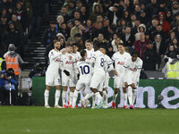 Brennan Johnson of Tottenham Hotspur is celebrating his goal during the Premier League match between West Ham United and Tottenham Hotspur a...