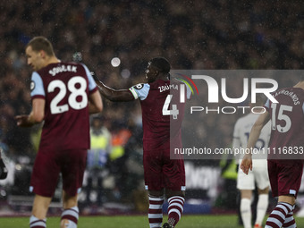 Kurt Zouma of West Ham United is celebrating his goal during the Premier League match between West Ham United and Tottenham Hotspur at the L...