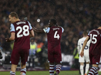 Kurt Zouma of West Ham United is celebrating his goal during the Premier League match between West Ham United and Tottenham Hotspur at the L...