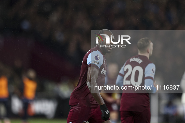 Michail Antonio of West Ham United is playing during the Premier League match between West Ham United and Tottenham Hotspur at the London St...