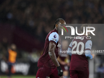 Michail Antonio of West Ham United is playing during the Premier League match between West Ham United and Tottenham Hotspur at the London St...