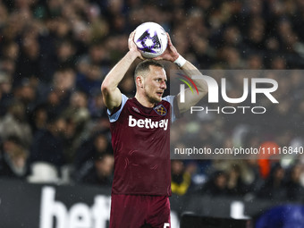 Vladimir Coufal of West Ham United is preparing to take a throw-in during the Premier League match between West Ham United and Tottenham Hot...