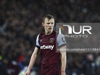 James Ward-Prowse is playing for West Ham United in the Premier League match against Tottenham Hotspur at the London Stadium in Stratford, o...