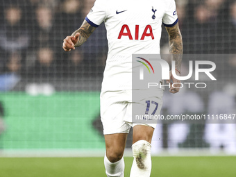 Cristian Romero of Tottenham Hotspur is on the ball during the Premier League match between West Ham United and Tottenham Hotspur at the Lon...