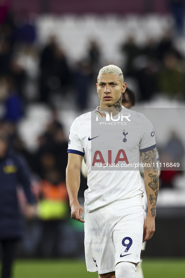 Richarlison of Tottenham Hotspur is leaving the pitch at the end of the Premier League match between West Ham United and Tottenham Hotspur a...