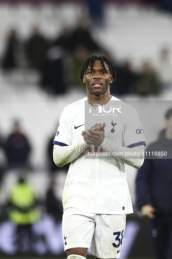 Destiny Udogie of Tottenham Hotspur is leaving the pitch at the end of the Premier League match between West Ham United and Tottenham Hotspu...