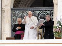 Pope Francis is leading the weekly general audience in Saint Peter's Square, Vatican City, on April 3, 2024. (