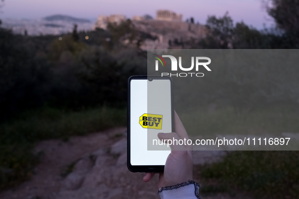The Best Buy logo is displayed on a smartphone screen in Athens, Greece, on April 3, 2024. (Photo Illustration by Nikolas Kokovlis/NurPhoto)