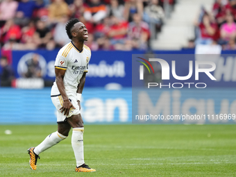 Vinicius Junior left winger of Real Madrid and Brazil reacts during the LaLiga EA Sports match between CA Osasuna and Real Madrid CF at Esta...