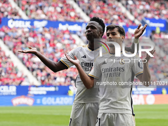 Brahim Diaz attacking midfield of Real Madrid and Spain celebrates with Vinicius Junior left winger of Real Madrid and Brazil after scoring...