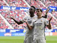 Brahim Diaz attacking midfield of Real Madrid and Spain celebrates with Vinicius Junior left winger of Real Madrid and Brazil after scoring...