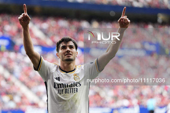 Brahim Diaz attacking midfield of Real Madrid and Spain celebrates after scoring his sides first goal during the LaLiga EA Sports match betw...