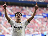 Brahim Diaz attacking midfield of Real Madrid and Spain celebrates after scoring his sides first goal during the LaLiga EA Sports match betw...