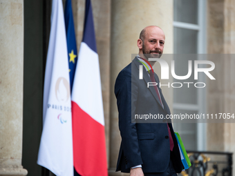 Minister for Public Service Transformation Stanislas Guerrini is leaving at the end of the Council of Ministers in Paris, France, on April 3...
