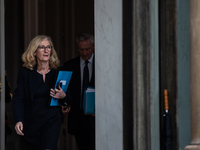 Minister of National Education Nicole Belloubet is leaving the Council of Ministers, with the Minister of the Economy Bruno Le Maire visible...