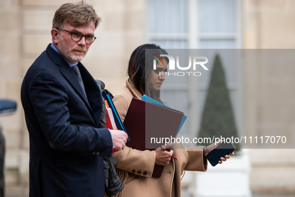 Government spokeswoman Prisca Thevenot (right) and Agriculture Minister Marc Fesneau (left) are attending the Council of Ministers at the El...